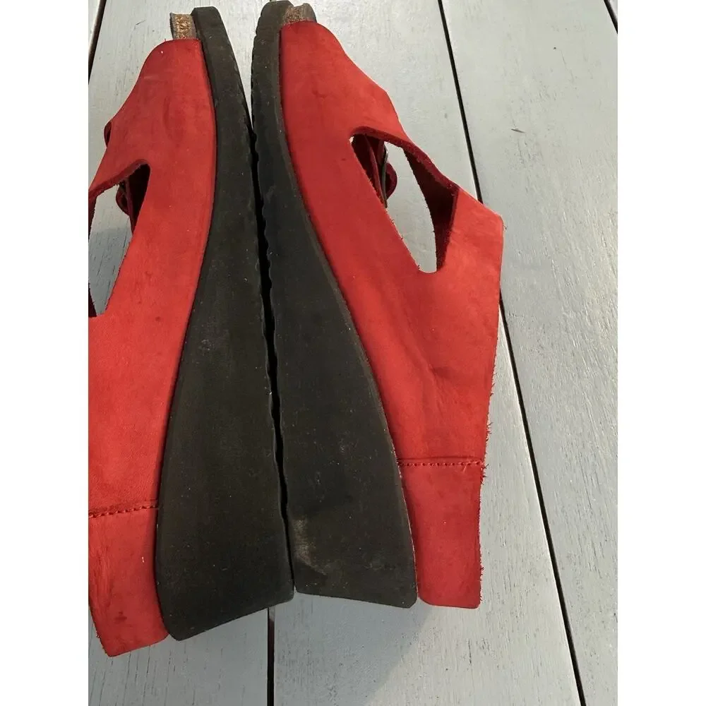Mephisto Red Leather Nubuck Wedge Slide Sandals Shoes Womens Size EU 38 US 7